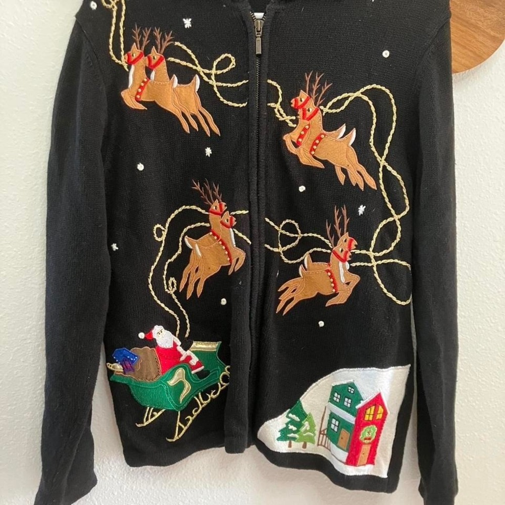 Vintage Christmas Reindeer Santa Sleigh Full Zip Embroidered Beaded Sweater M